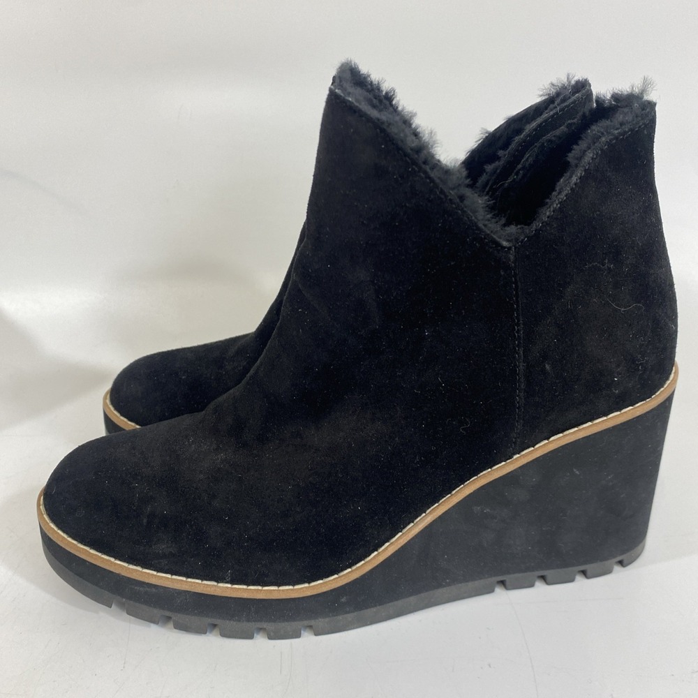 Eileen Fisher Chalet Shearling Suede Wedge‎ Bootie Ankle Boots Black Size 8 NWOB